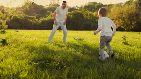 A-young-father-in-a-white-t-shirt-with-two-sons-playing-football-on-the-grass-at-sunset-in-the-sun-in-slow-motion